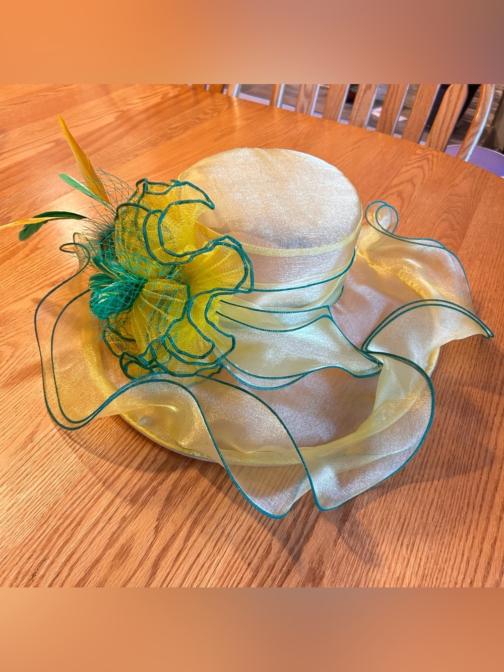 Yellow Organza Wide Brim Church Derby Dress Hat with Green Trim